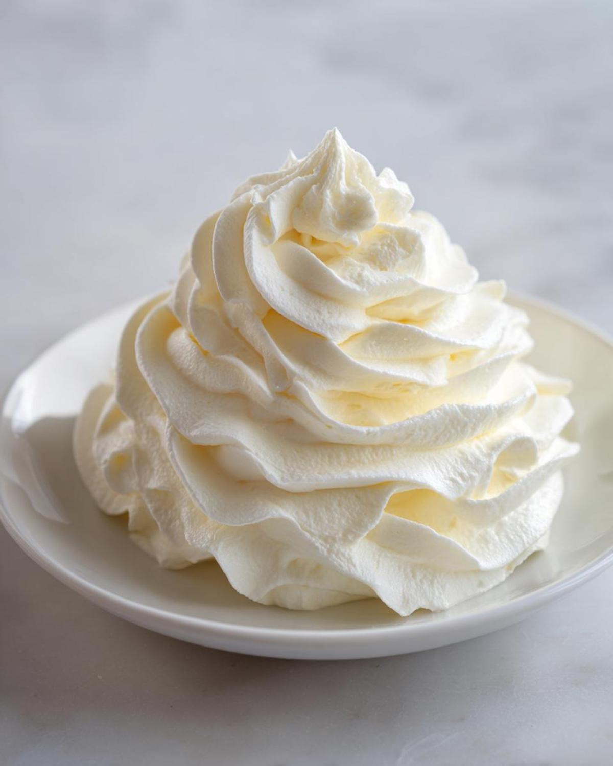 Close-up of a perfectly piped swirl of light, creamy vanilla buttercream frosting on a white plate.