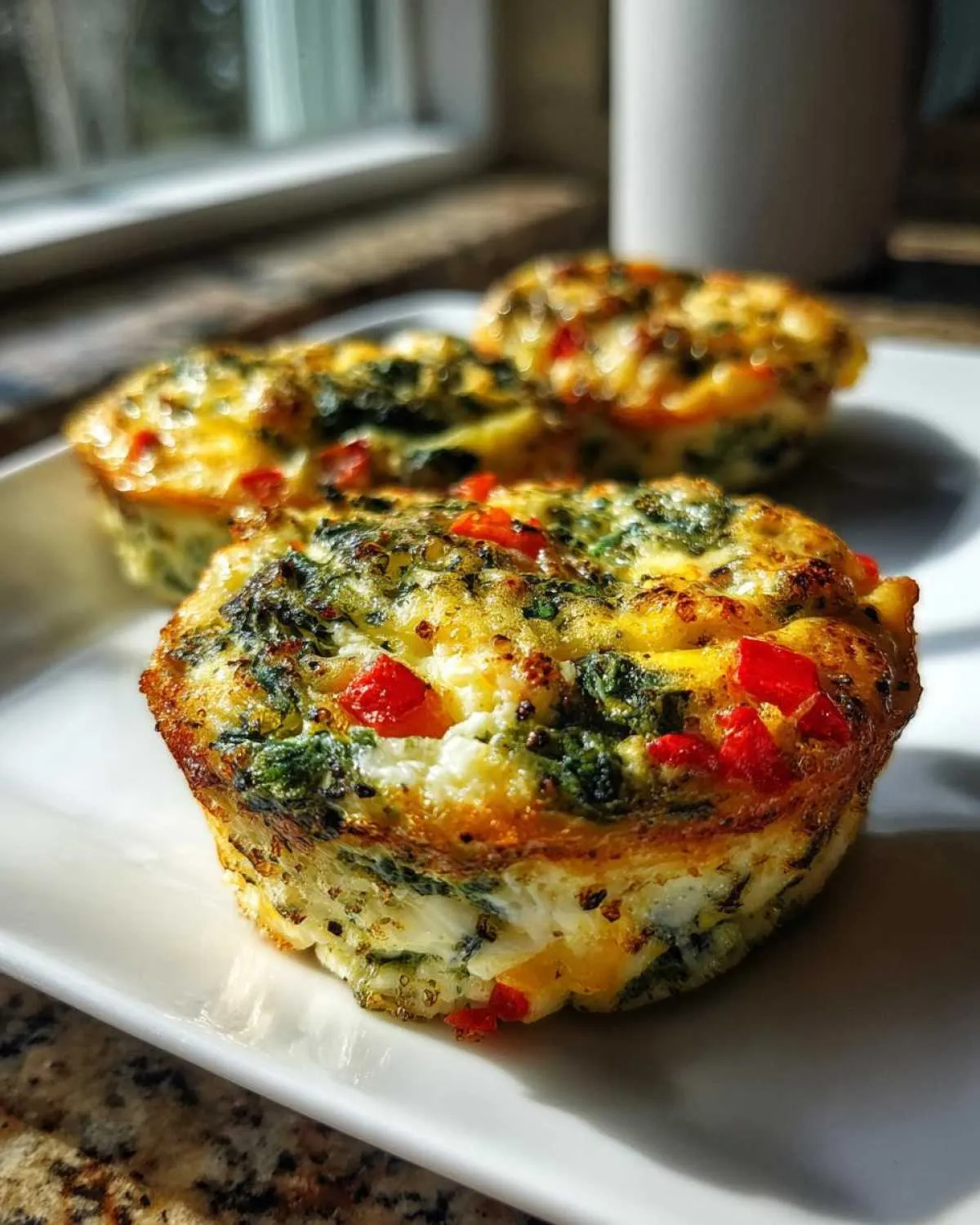 Three freshly baked vegetable egg muffin cups with visible spinach and red peppers on a white plate.