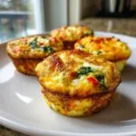 Four golden brown vegetable egg muffin cups filled with spinach and red pepper on a white plate.
