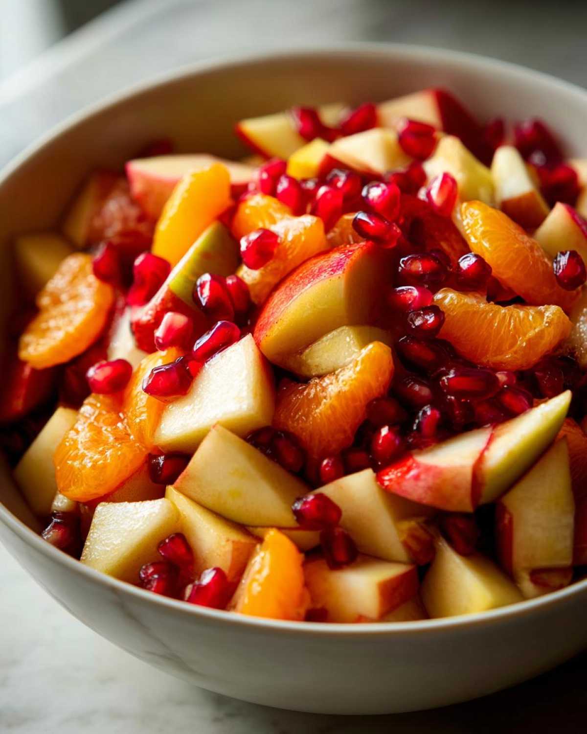 Close-up of a vibrant winter fruit salad featuring chopped apples, orange segments, and bright red pomegranate seeds.