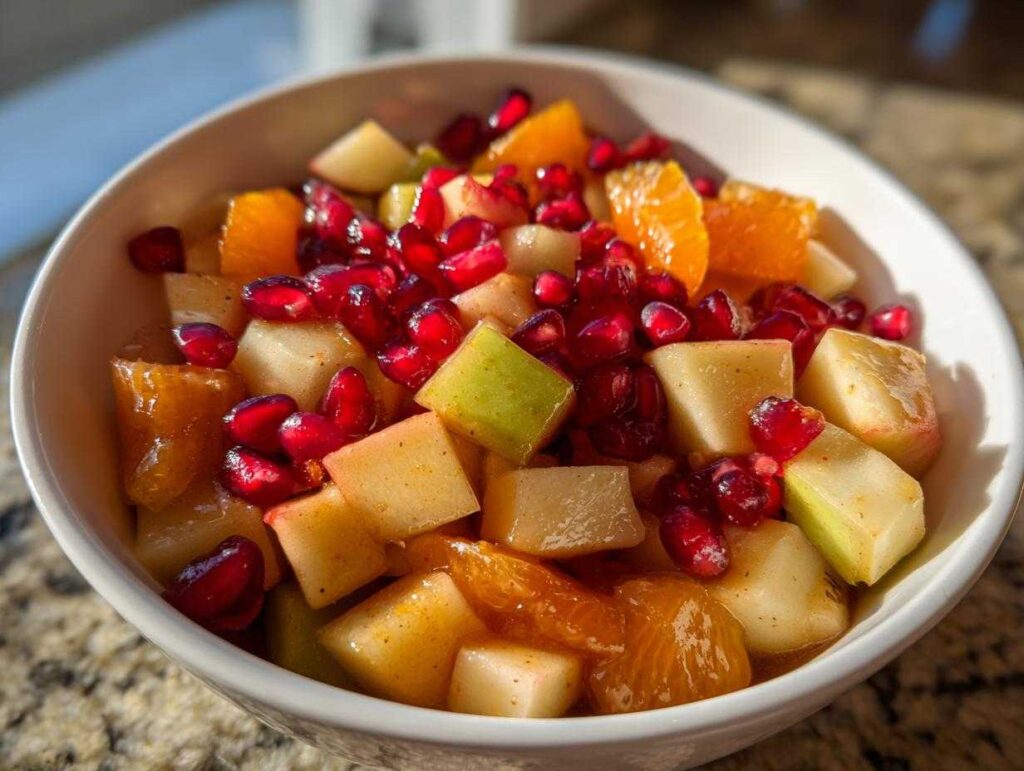 Close-up of a bright winter fruit salad featuring diced apples, orange segments, and ruby red pomegranate seeds.
