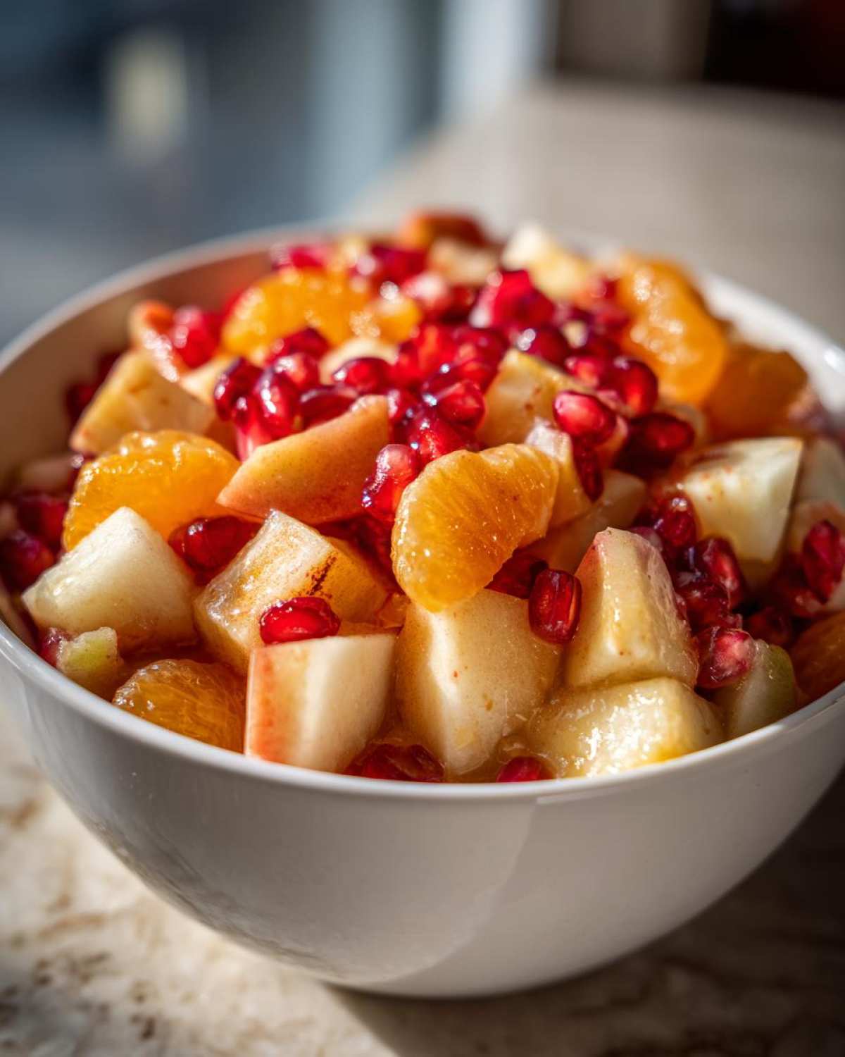 Close-up of a white bowl filled with a vibrant winter fruit salad featuring orange segments, diced apples, and bright red pomegranate seeds.