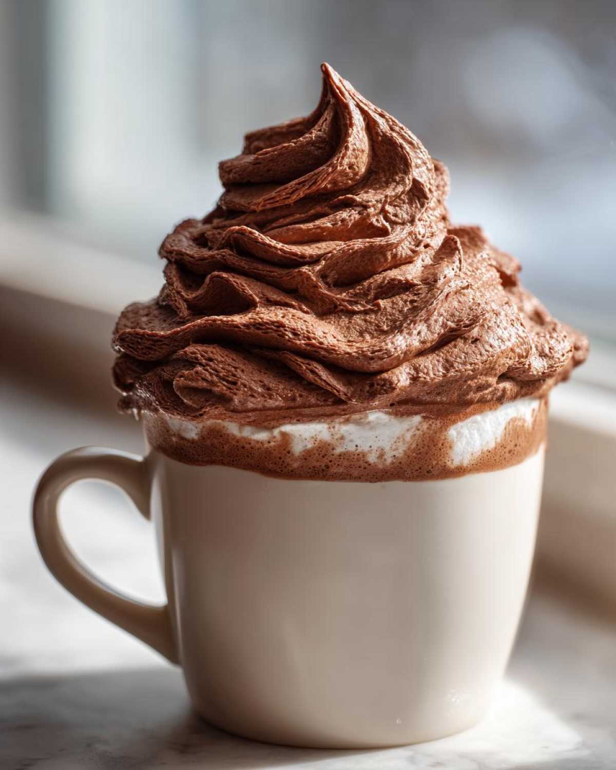 Close-up of a mug filled with whipped hot chocolate, topped with a tall swirl of chocolate cream.