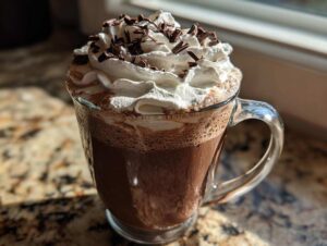 A glass mug filled with rich whipped hot chocolate, topped with whipped cream and chocolate shavings.