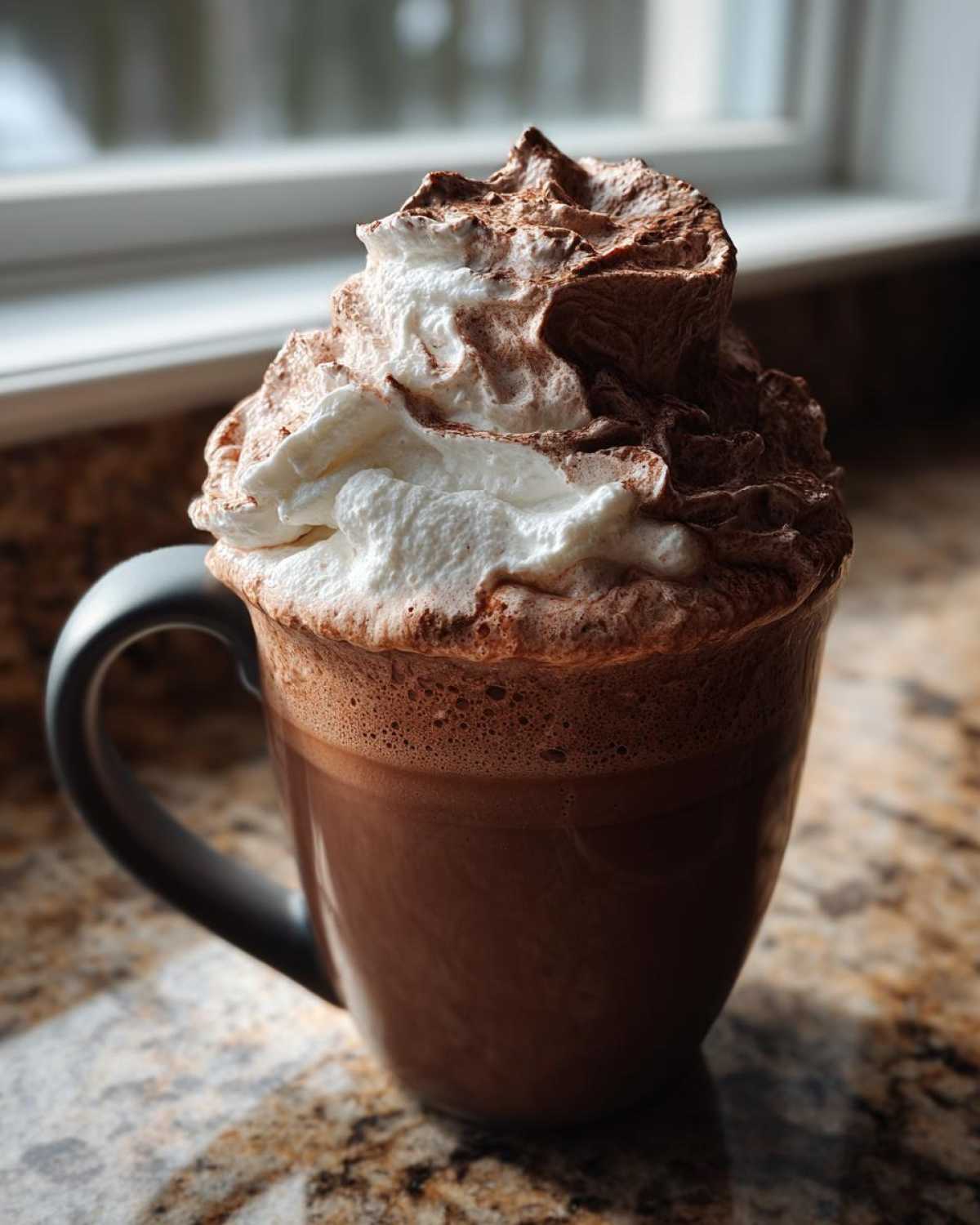 A close-up of a mug of rich whipped hot chocolate topped with a generous swirl of whipped cream and cocoa powder.