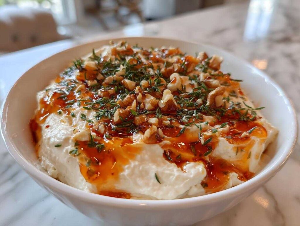 A close-up of whipped ricotta dip topped with hot honey, chopped walnuts, and fresh herbs.