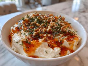 A close-up of whipped ricotta dip topped with hot honey, chopped walnuts, and fresh herbs.
