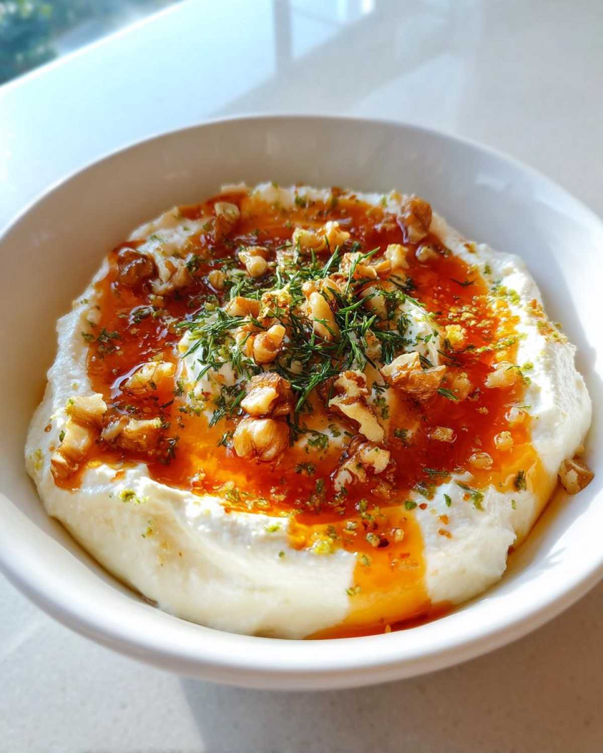 A bowl of creamy whipped ricotta dip topped with hot honey, chopped walnuts, and fresh herbs.