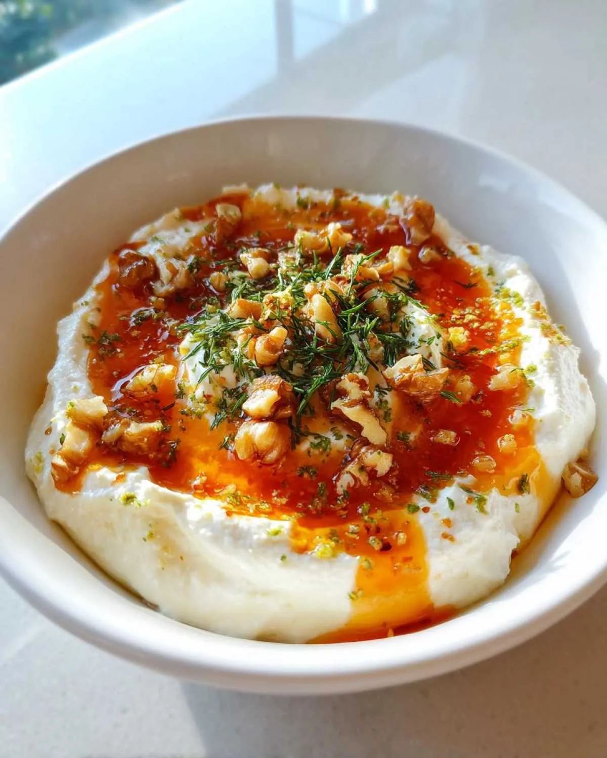 A bowl of creamy whipped ricotta dip topped with hot honey, chopped walnuts, and fresh herbs.