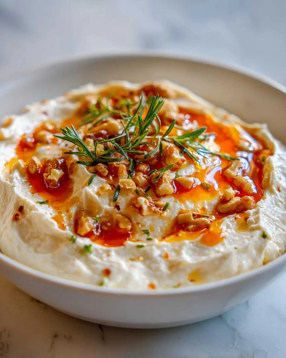 A close-up of a bowl of creamy whipped ricotta dip topped with hot honey, chopped walnuts, and fresh rosemary.
