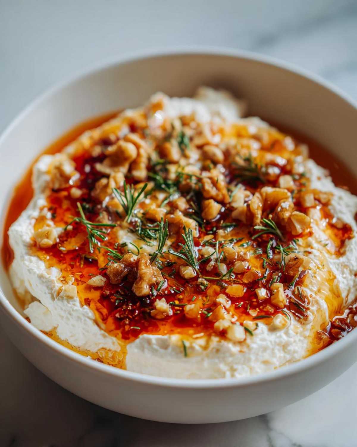 Close-up of creamy whipped ricotta dip topped with hot honey, chopped walnuts, and fresh rosemary.