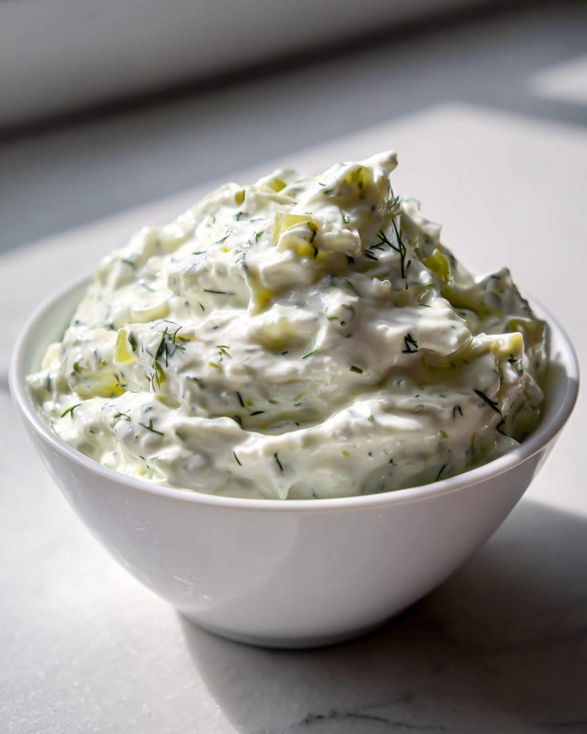 Close-up of creamy, chunky tartar sauce mixed with visible pickle relish and dill in a white bowl.