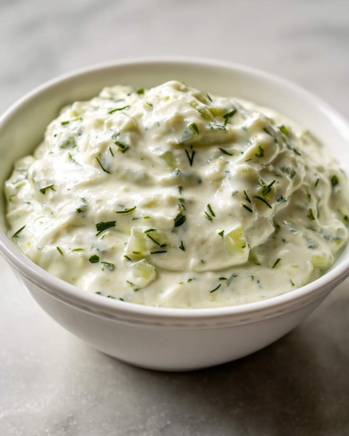 Close-up of creamy, chunky homemade tartar sauce with visible herbs and relish pieces in a white bowl.