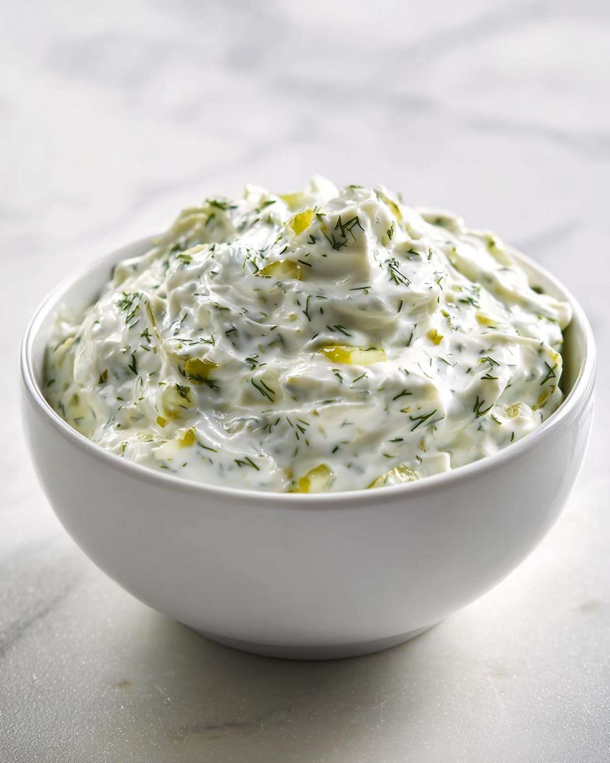 A close-up of creamy, homemade tartar sauce mixed with chopped pickles and fresh dill, served in a white bowl.