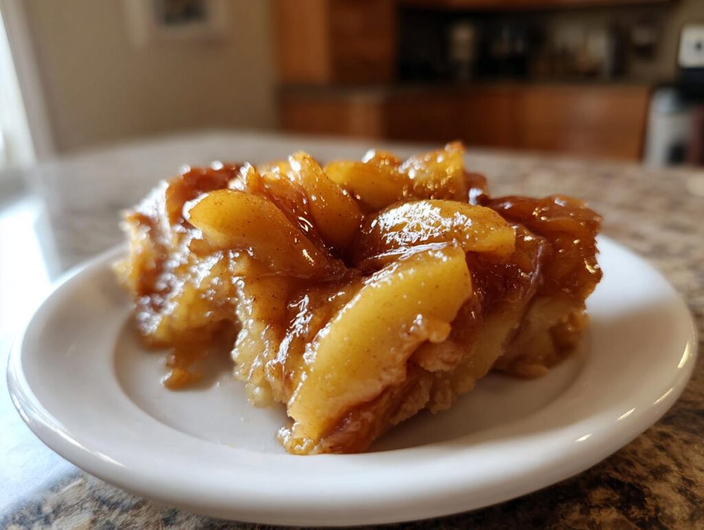 A close-up shot of a serving of rich, glossy apple pie filling with cinnamon spices on a white plate.