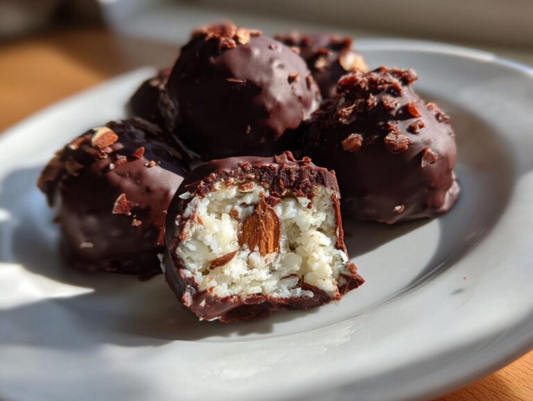 A plate of dark chocolate-covered almond joy truffles, one cut open revealing coconut filling and a whole almond.