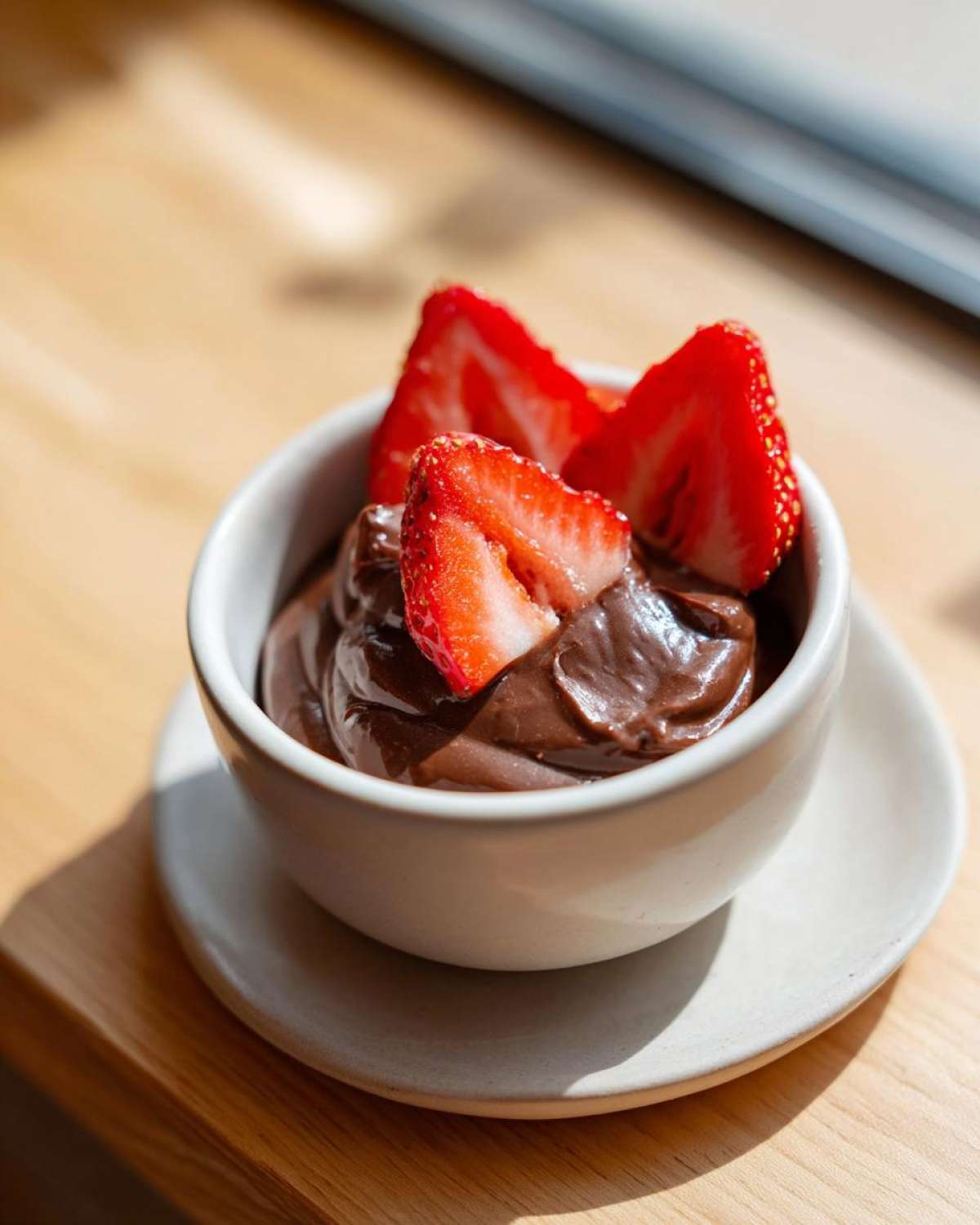 A small white bowl filled with rich chocolate dip, topped with sliced fresh strawberries.