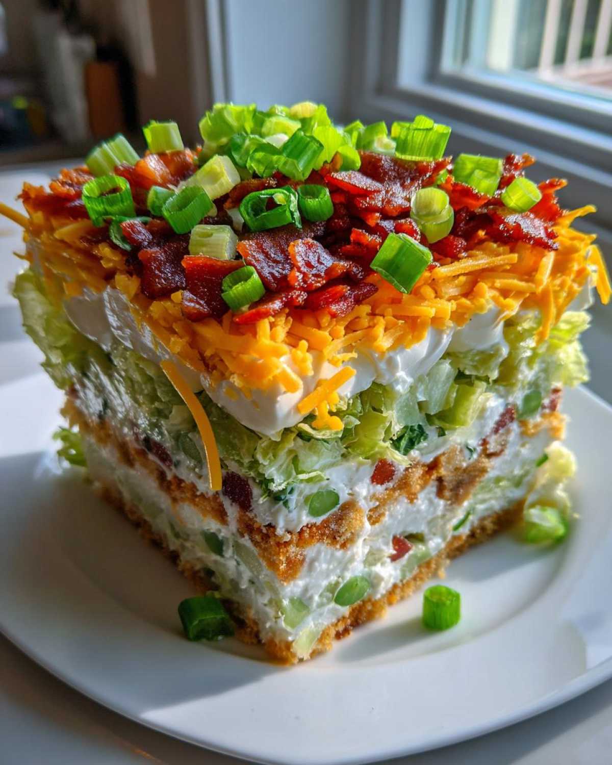 A tall, square slice of 7 layer salad showing distinct layers of creamy dressing, vegetables, and a topping of cheese, bacon, and green onions.