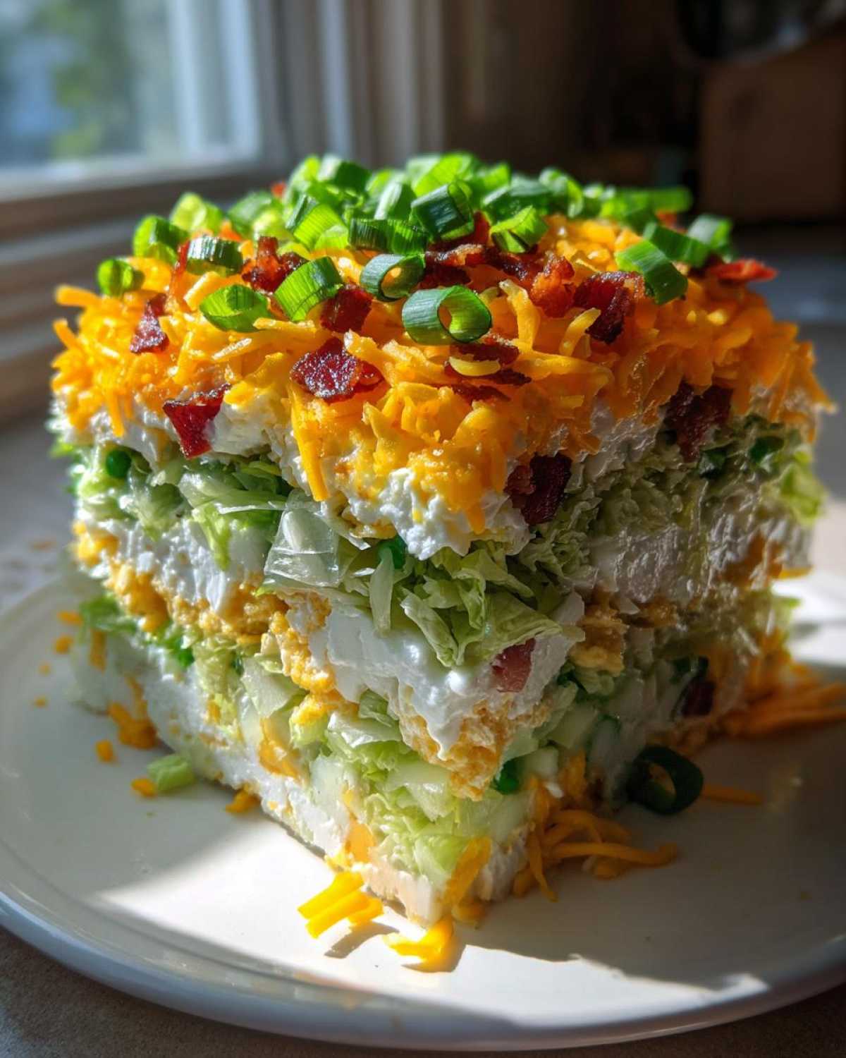 A tall, square slice of 7 layer salad showing distinct layers of lettuce, creamy dressing, cheese, and topped with shredded cheddar, bacon bits, and green onions.