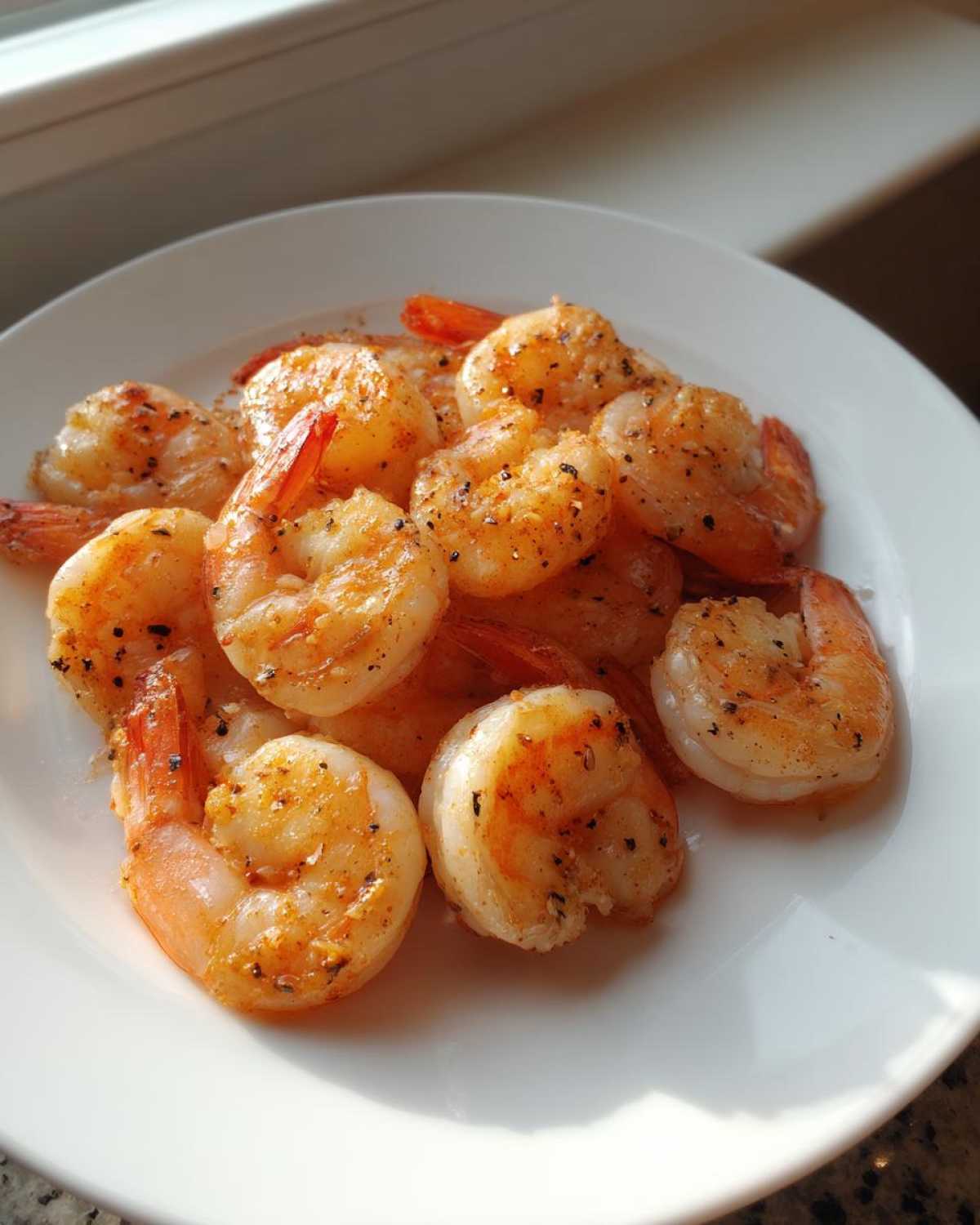 A pile of seasoned, cooked air fryer frozen shrimp on a white plate, glistening in natural light.