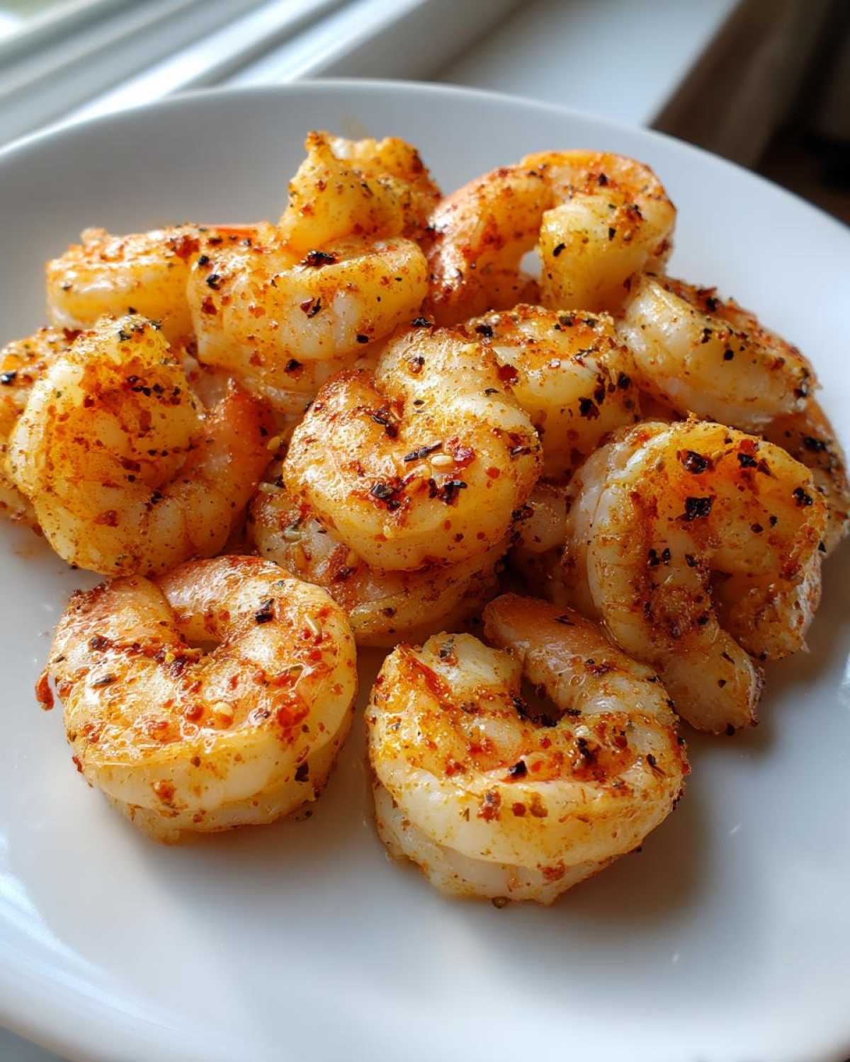 Close-up of seasoned, cooked air fryer frozen shrimp piled on a white plate, showing visible spices.