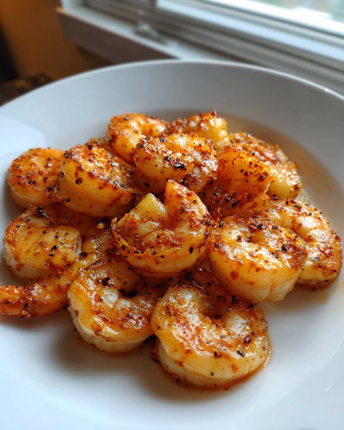 Close-up of cooked, seasoned air fryer frozen shrimp piled on a white plate, showing a reddish-orange spice coating.