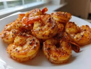 Close-up of seasoned and cooked air fryer frozen shrimp piled on a white plate, showing a golden-orange color.