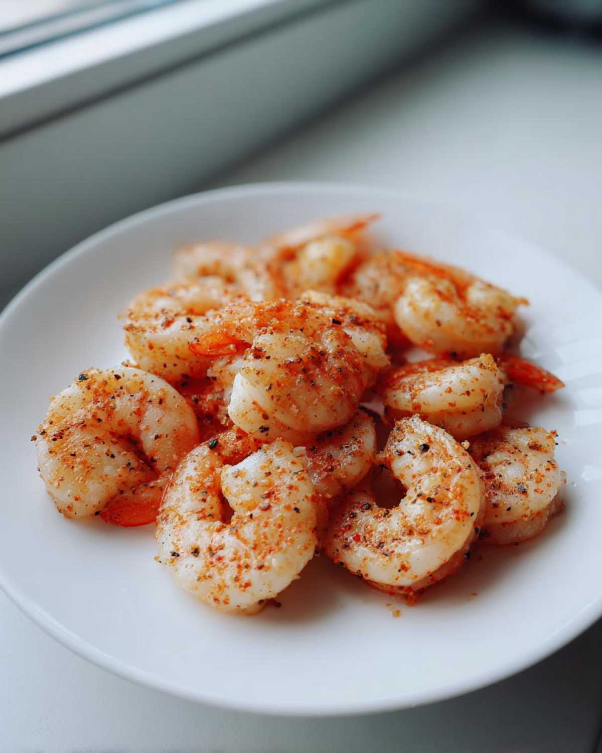 Close-up of perfectly cooked air fryer frozen shrimp seasoned with spices on a white plate.