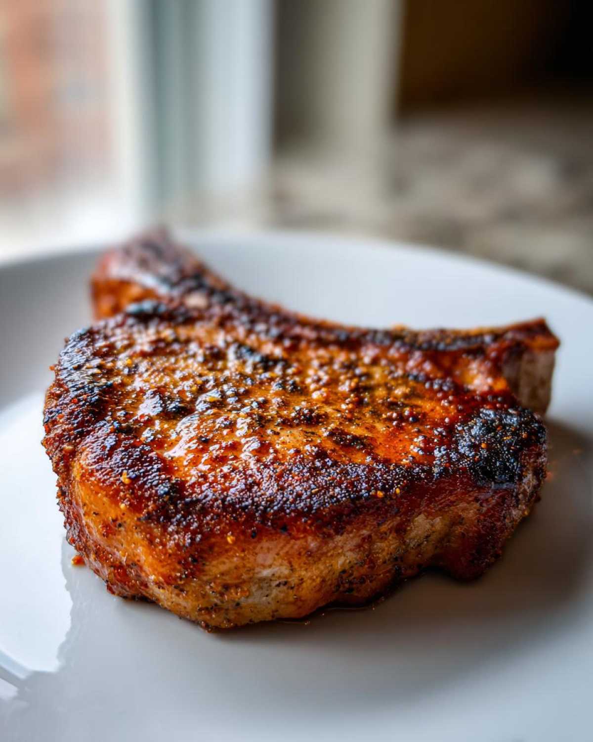 Close-up of a thick, bone-in air fryer pork chop with a beautifully browned, seasoned crust resting on a white plate.