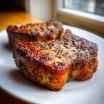 Two thick, juicy air fryer pork chops with a dark, flavorful crust served on a white plate.