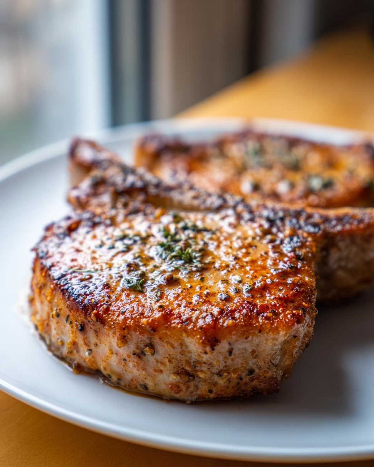 Close-up of a thick, juicy air fryer pork chop with a beautifully browned, seasoned crust.