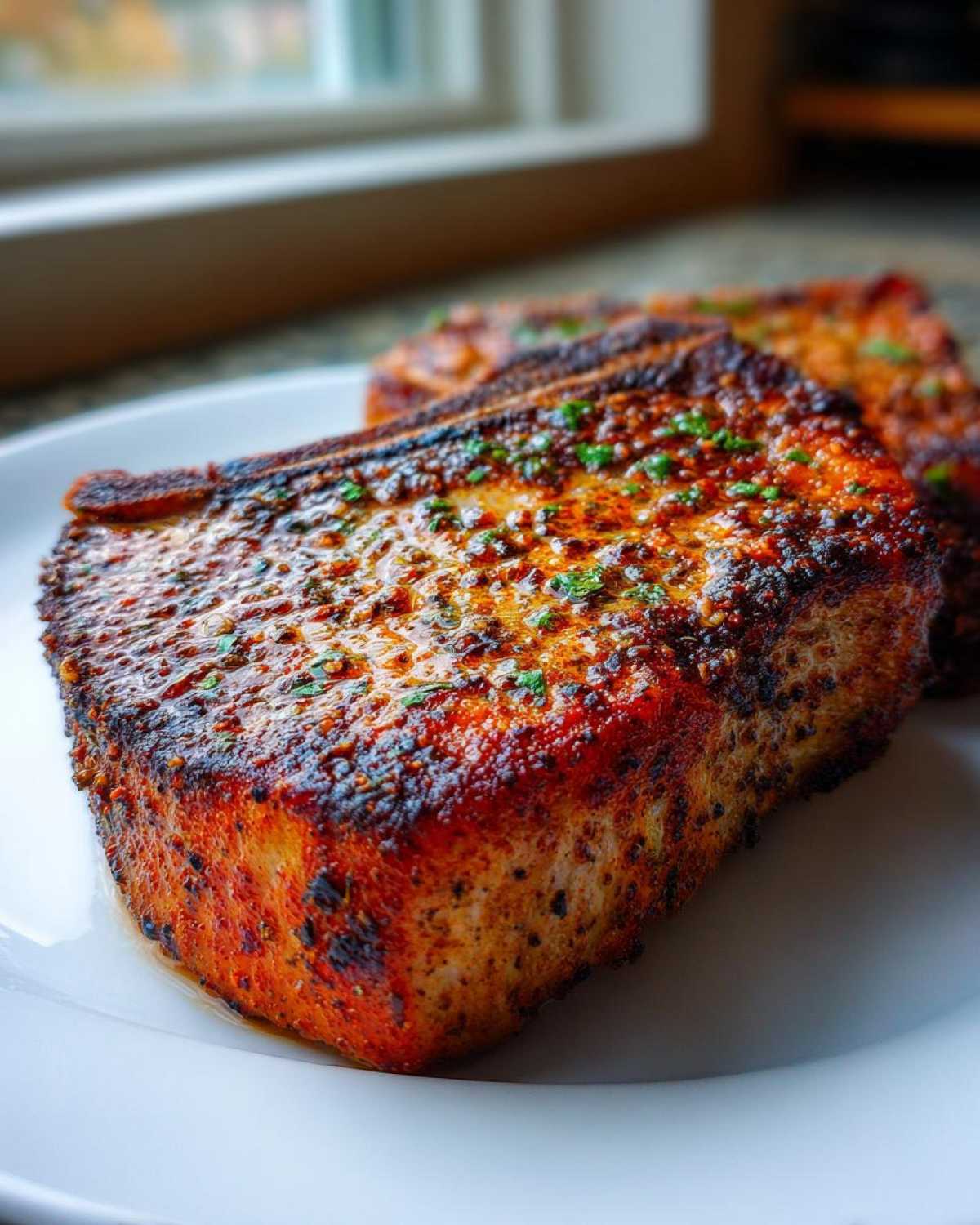Close-up of a thick, perfectly seared air fryer pork chop seasoned with spices and topped with fresh parsley.