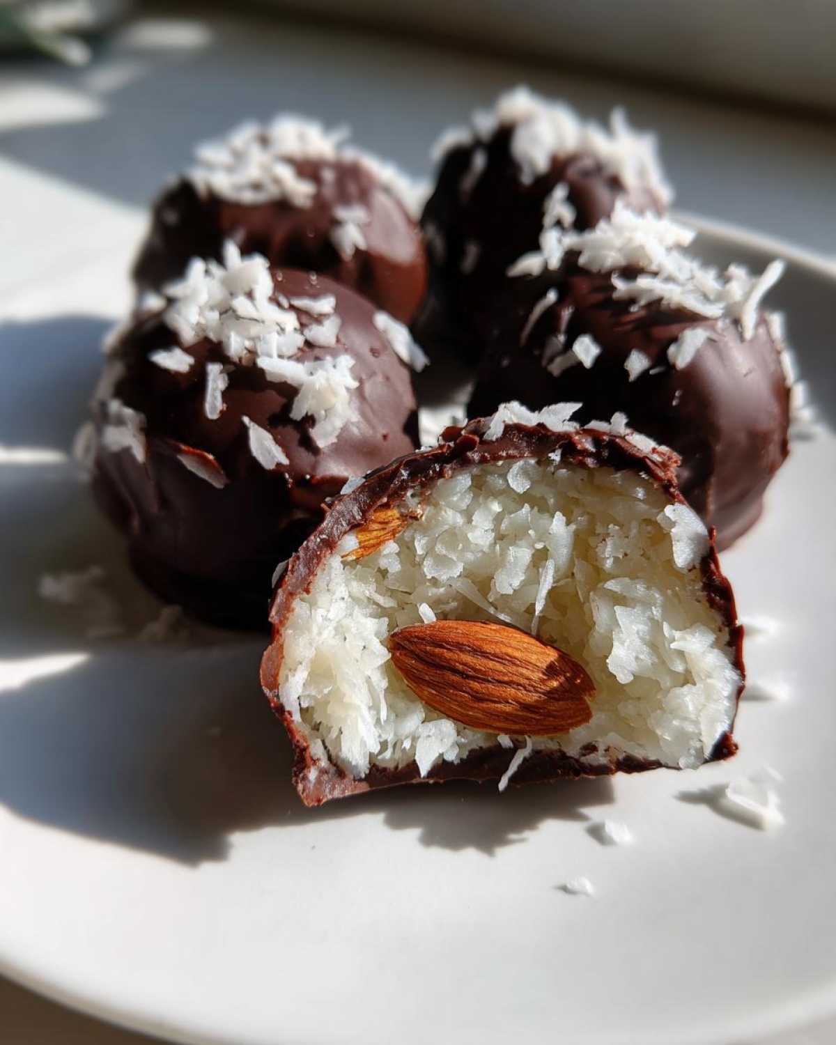 Close-up of homemade almond joy truffles, showing one cut open to reveal coconut filling and a whole almond.