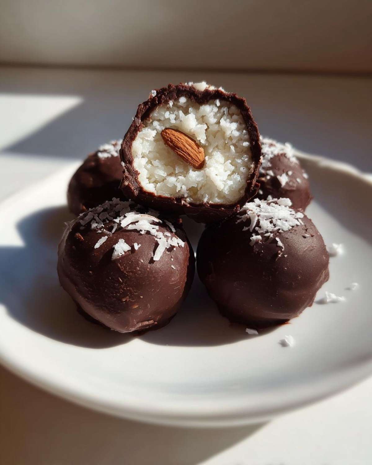 Close-up of chocolate-covered almond joy truffles, one cut open showing coconut filling and a whole almond.