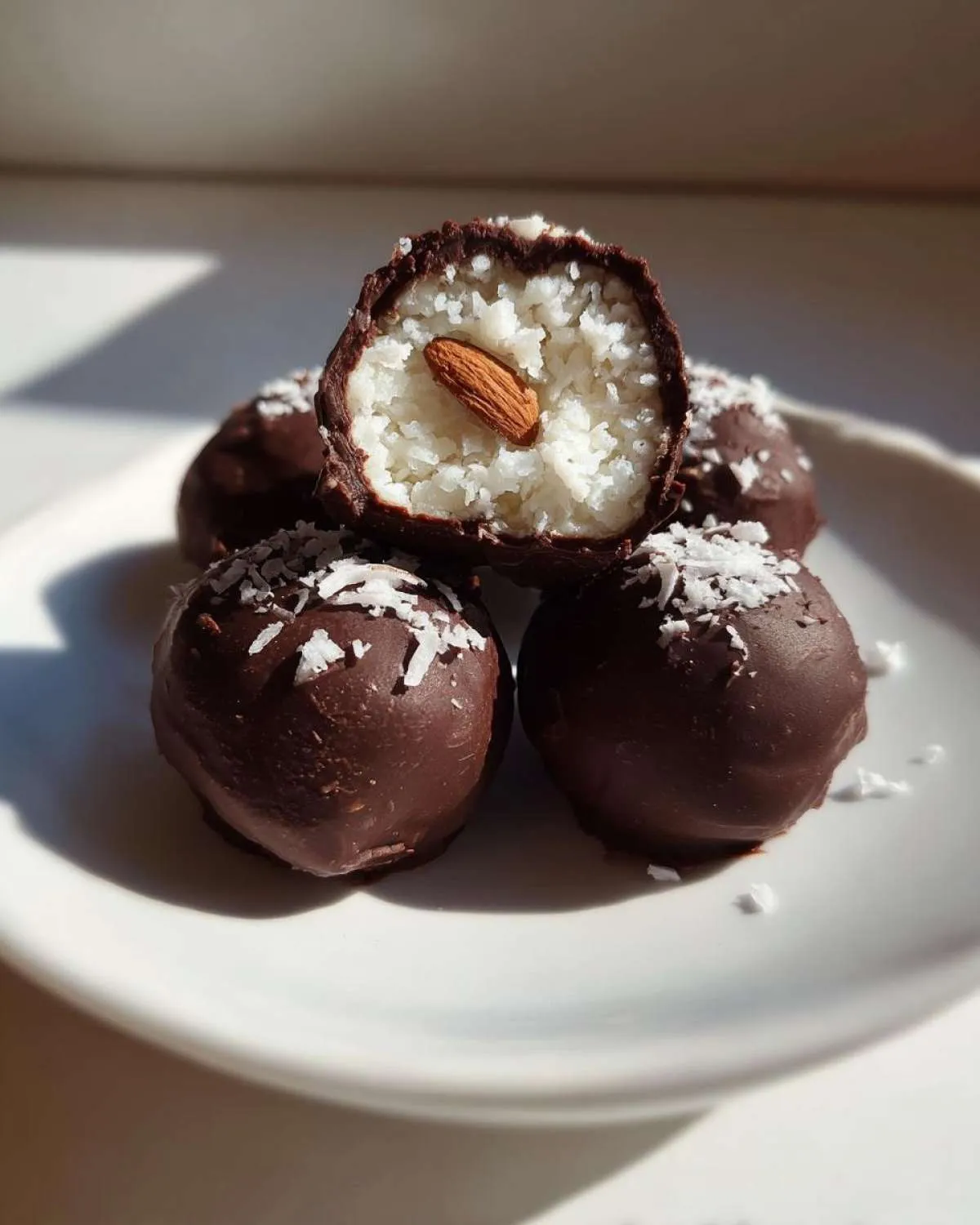 Close-up of chocolate-covered almond joy truffles, one cut open showing coconut filling and a whole almond.