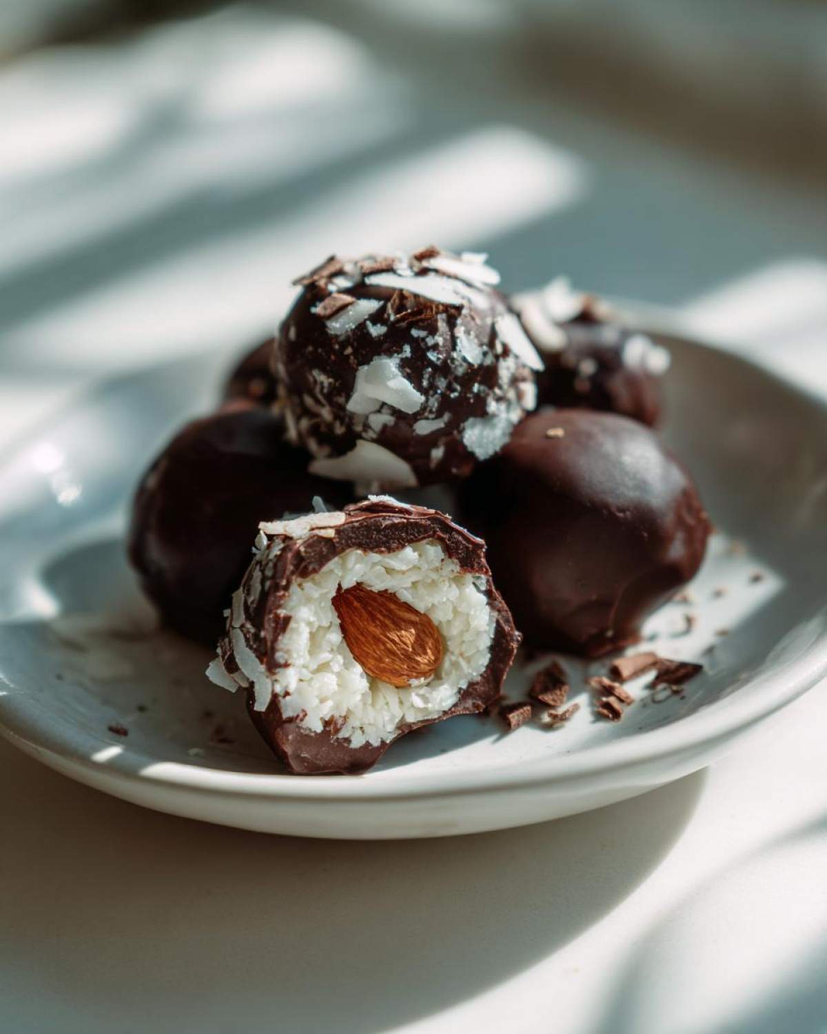 A close-up of one almond joy truffle cut in half showing coconut filling and a whole almond, surrounded by other chocolate truffles.