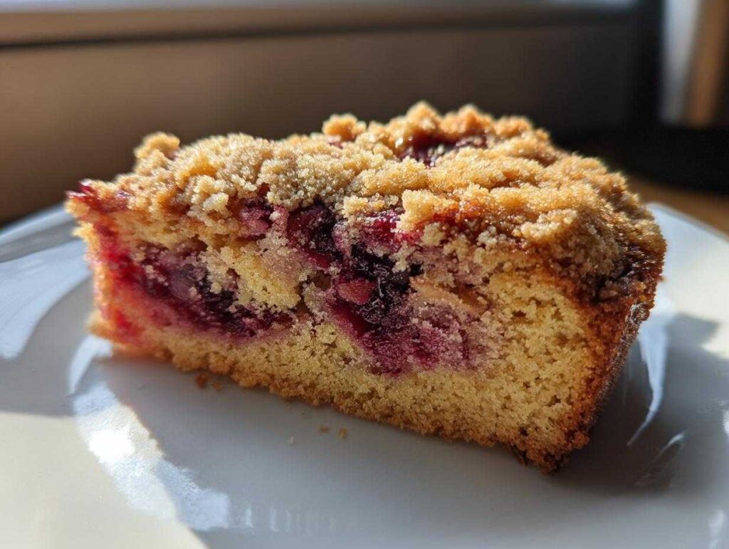 Close-up of a moist slice of plum cake featuring a rich layer of dark fruit and a golden brown streusel topping.