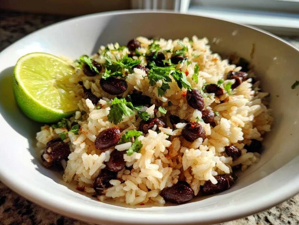 Close-up of a white bowl filled with seasoned rice and black beans, topped with cilantro, served with a lime wedge for the amazing beans and rice.