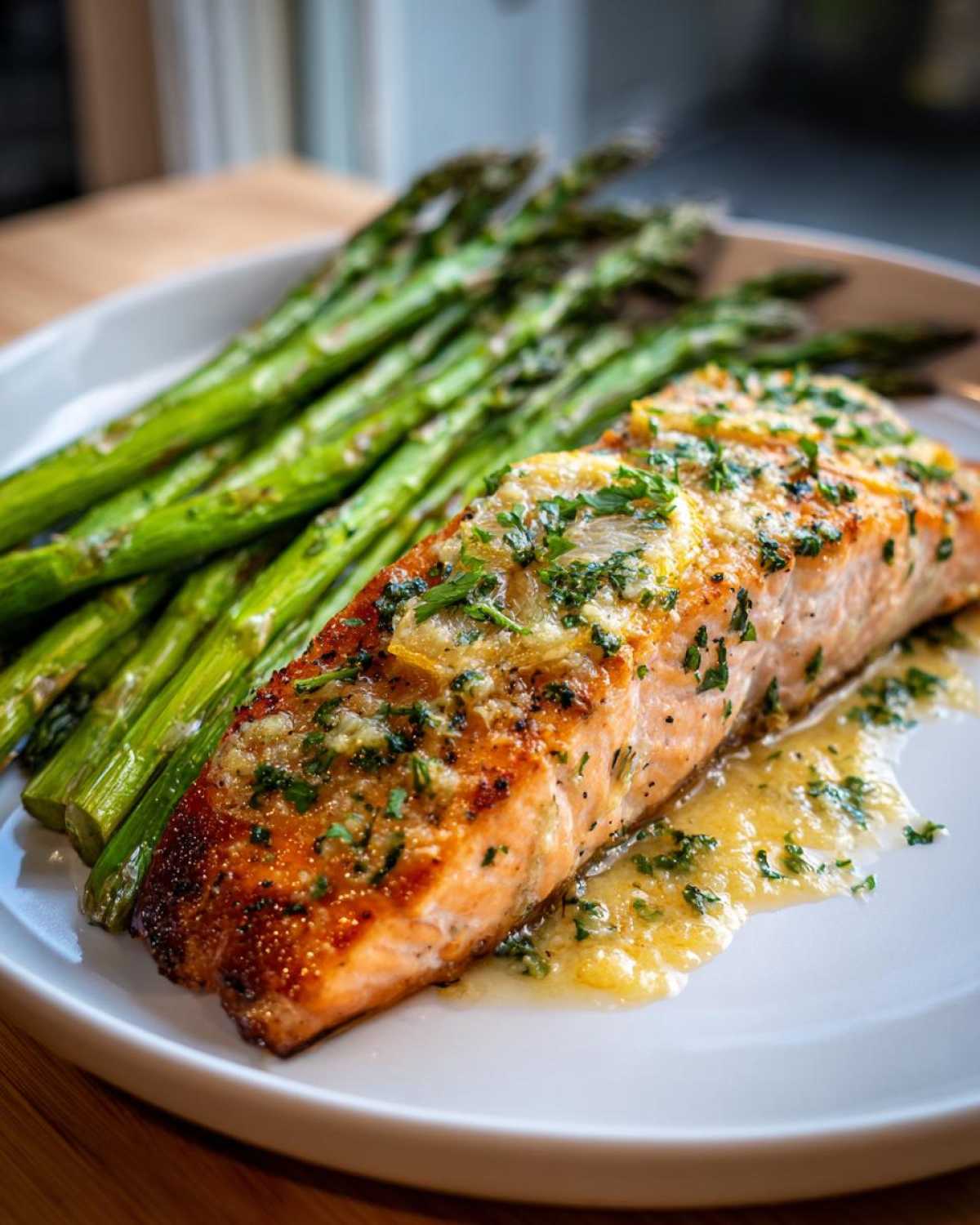 Close-up of a pan-seared salmon recipe fillet topped with lemon and herbs, served next to bright green asparagus.
