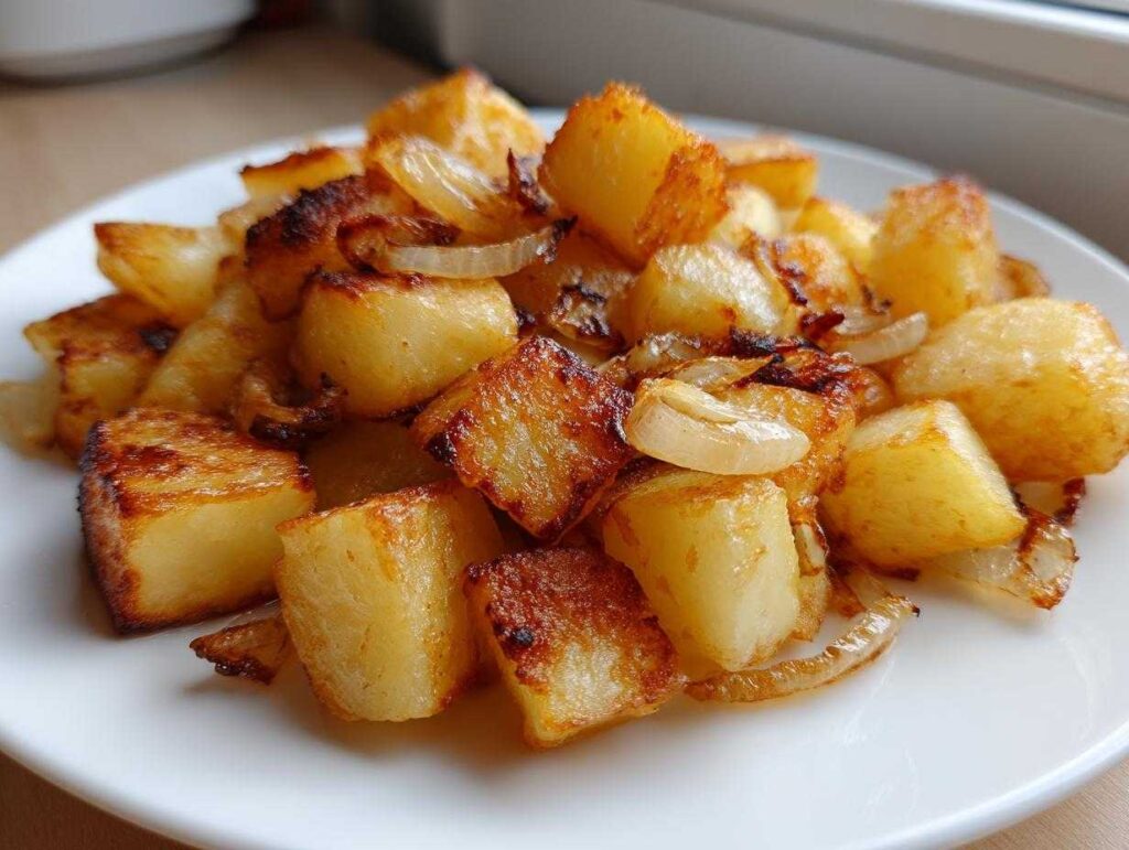 A close-up of golden brown, cubed fried potatoes mixed with caramelized onions served on a white plate.