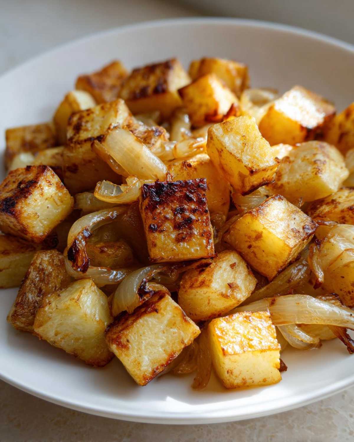 Close-up of golden brown, cubed fried potatoes mixed with caramelized onions served on a white plate.