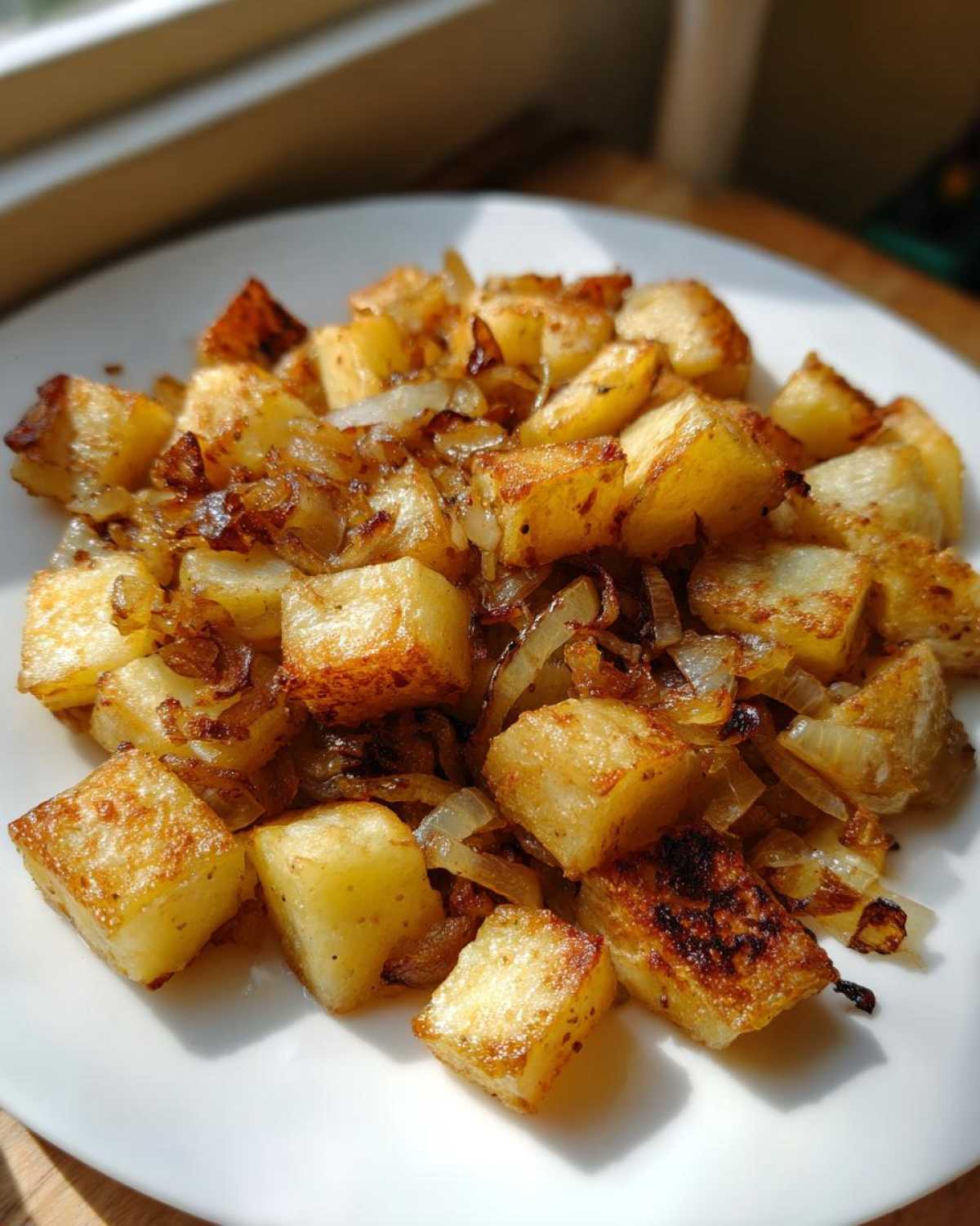 Close-up of perfectly golden brown fried potatoes mixed with caramelized onions served on a white plate.