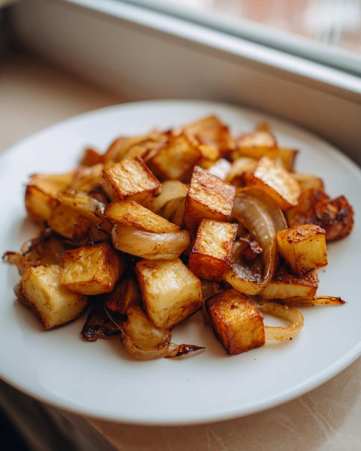 Close-up of golden brown, cubed fried potatoes mixed with caramelized onions served on a white plate.