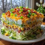 A tall, square slice of amazing 7 layer salad showing distinct layers of lettuce, corn, meat, dressing, eggs, cheese, and bacon.