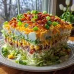 A tall, square slice of amazing 7 layer salad showing distinct layers of lettuce, corn, meat, dressing, eggs, cheese, and bacon.