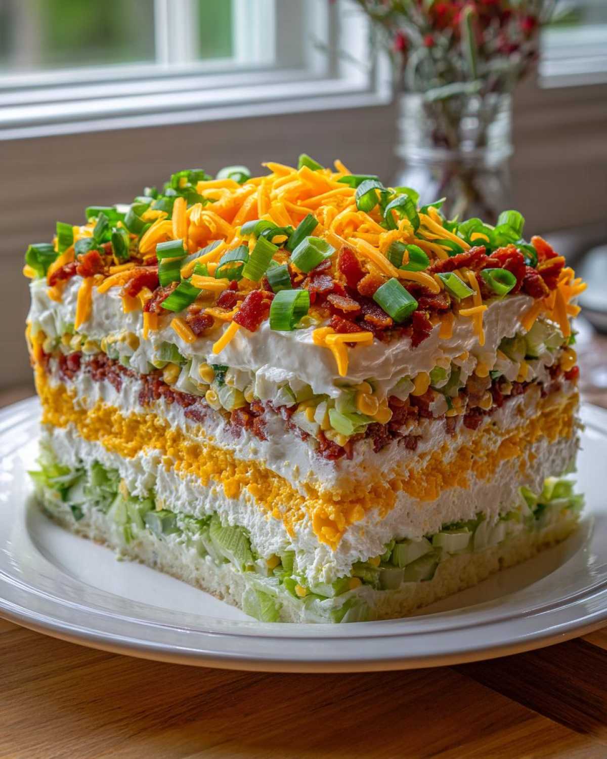 A tall, square slice of amazing 7 layer salad showing distinct layers of lettuce, egg, and dressing, topped with cheese, bacon, and green onions.