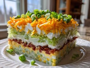 A tall, square slice of amazing 7 layer salad showing distinct layers of corn, eggs, bacon, lettuce, cheese, and green onions.