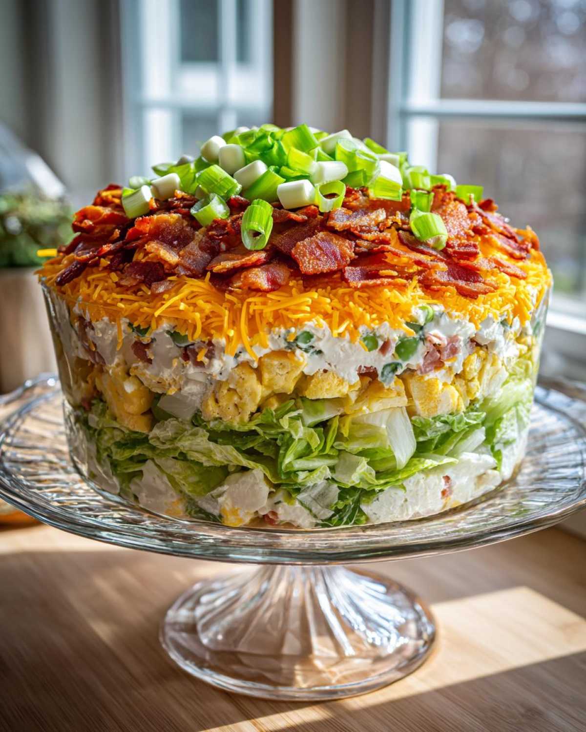 A tall, circular 7 layer salad displayed on a glass pedestal stand, topped with bacon and green onions.
