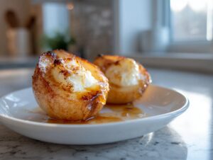 Two halves of warm baked pears, filled with a creamy topping and drizzled with syrup, ready to eat.