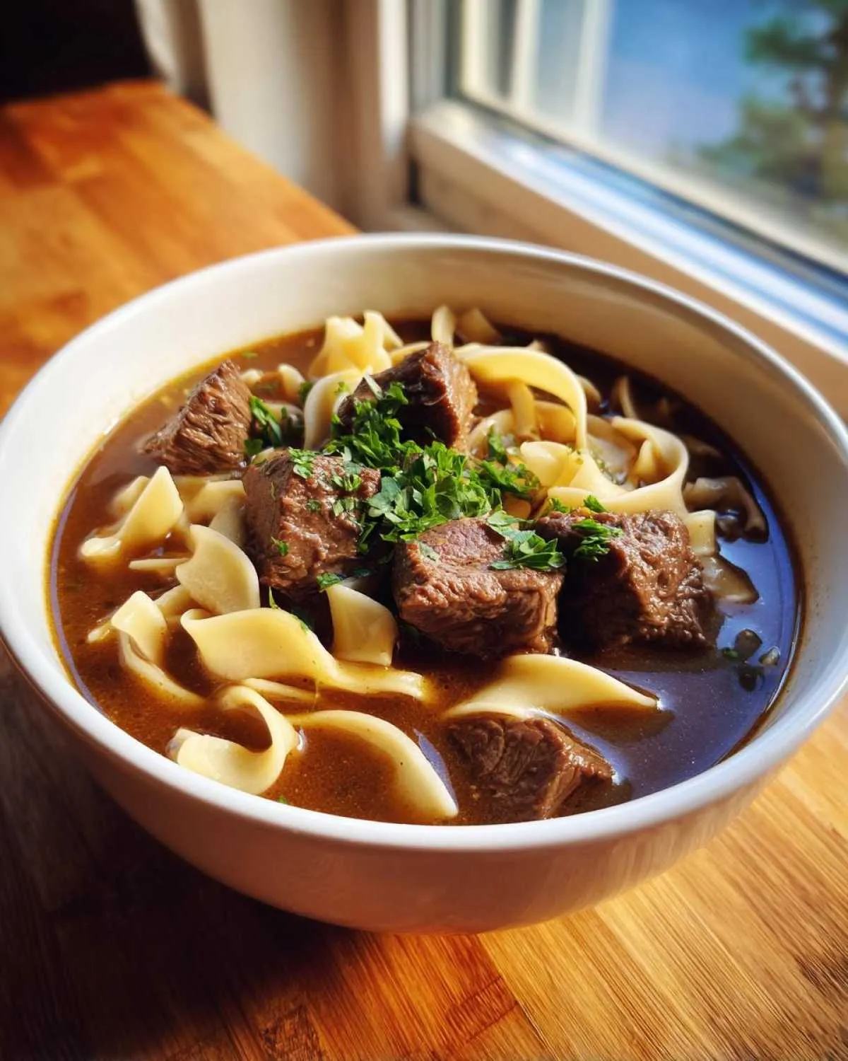 Close-up of a white bowl filled with rich beef noodle soup, featuring tender beef chunks and egg noodles, garnished with parsley.